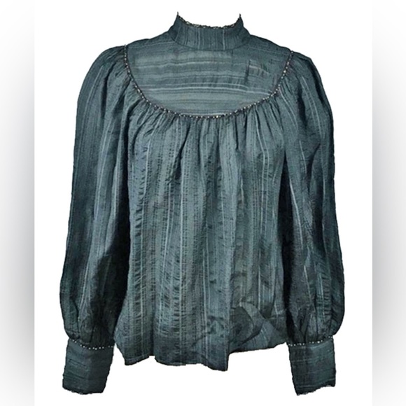 Ulla Johnson Edda Blouse Slate Gray Blue‎ Size 8 Mock Neck Long Sleeve Metallic